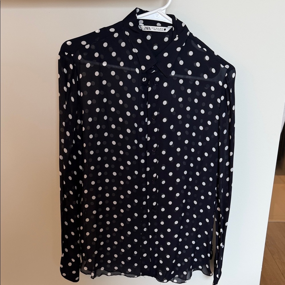 Zara Navy and White Polka Dot Button-Down Blouse